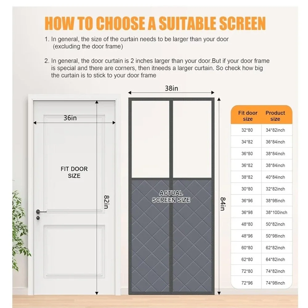 Insulated Magnetic Door Curtain 38x84 Thermal Draft Blocker Grey Quilted Screen